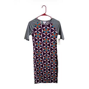 NWT Lularoe Multicolor Geometric Print w/ Gray Raglan Sleeves XXS Julia Dress